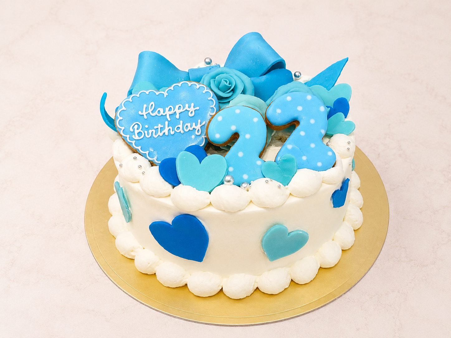 リボンとバラの生クリームデコレーションケーキ　FOR YOU