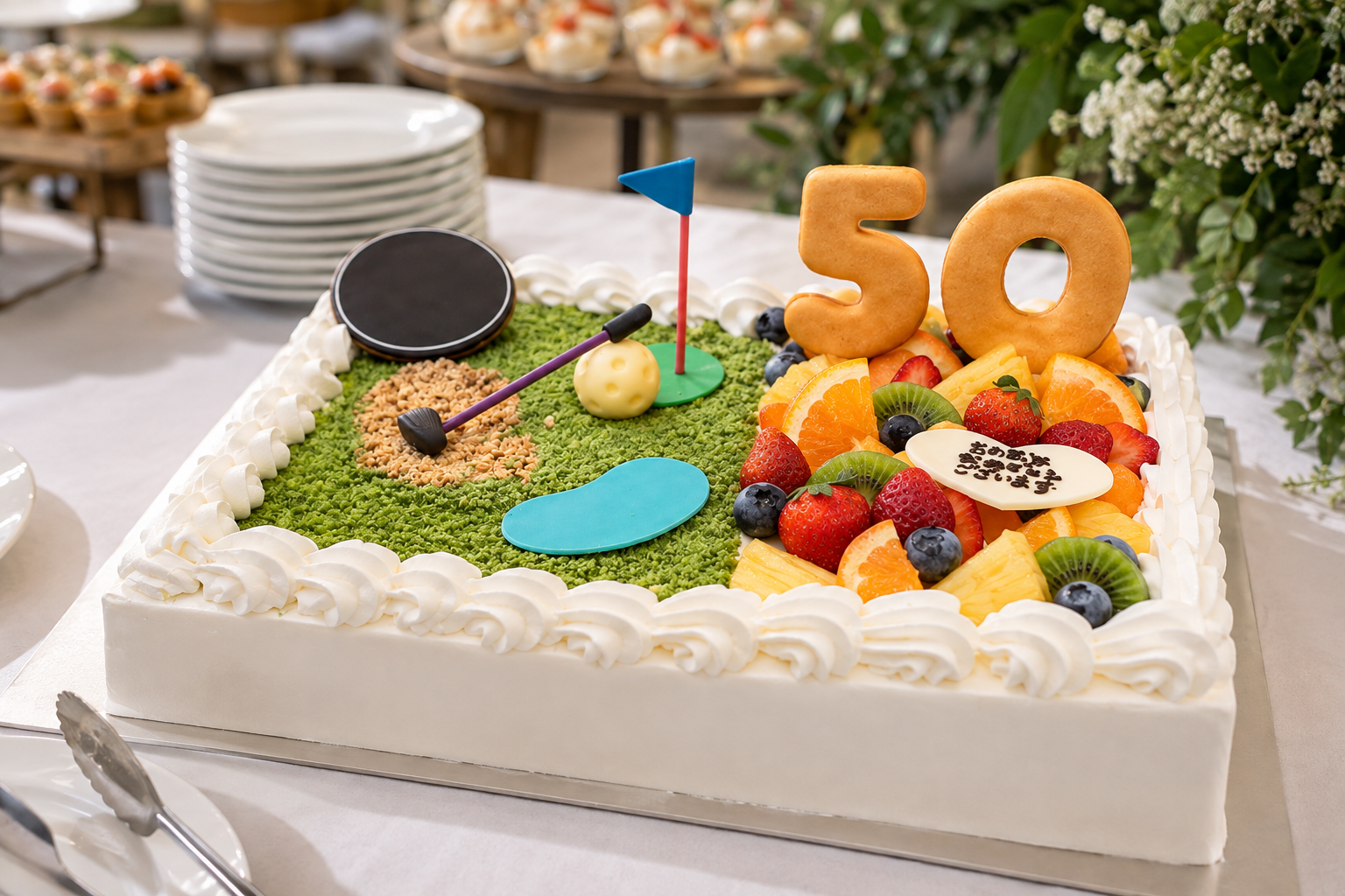 ゴルフのモチーフと50の数字を飾った誕生日ケーキ