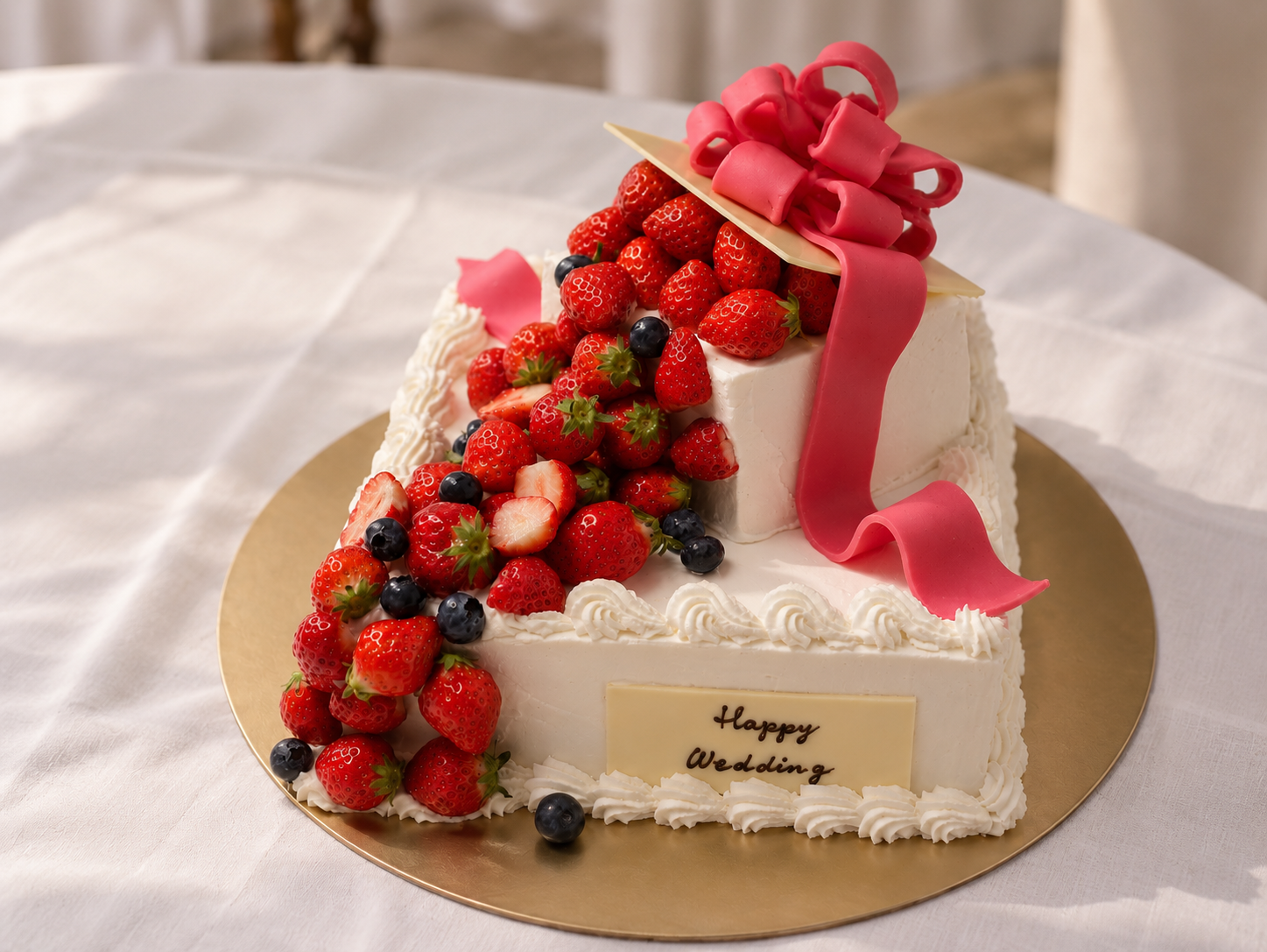 いちごとピンクのリボンを飾ったウェディングケーキ